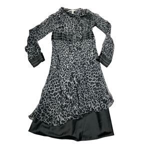 Diane von Furstenberg Silk Leopard Print Dress Tie Neck Long Sleeve Sm Y2K